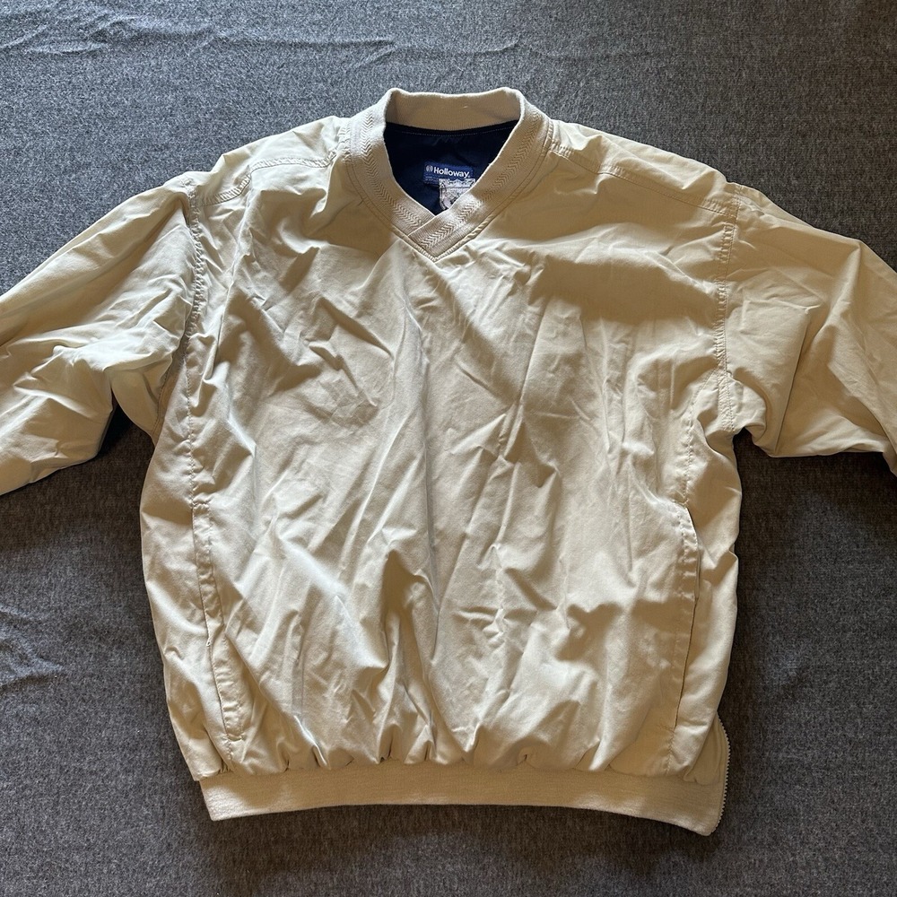 Vintage Holloway‎ Large Beige Sports Pullover Windbreaker Lined V-Neck Schaffer